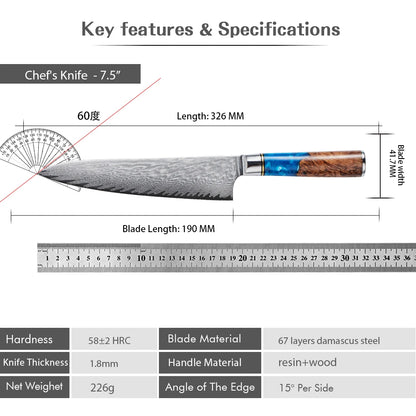 67 Layer VG10 Damascus Steel Chef Knife Set – Blue Resin & Wood Handle