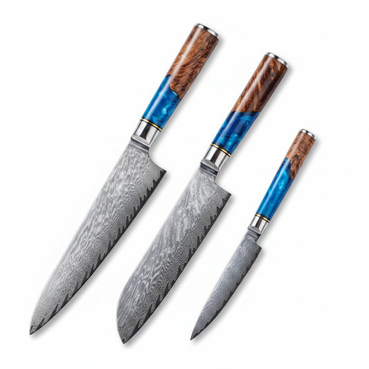67 Layer VG10 Damascus Steel Chef Knife Set – Blue Resin & Wood Handle