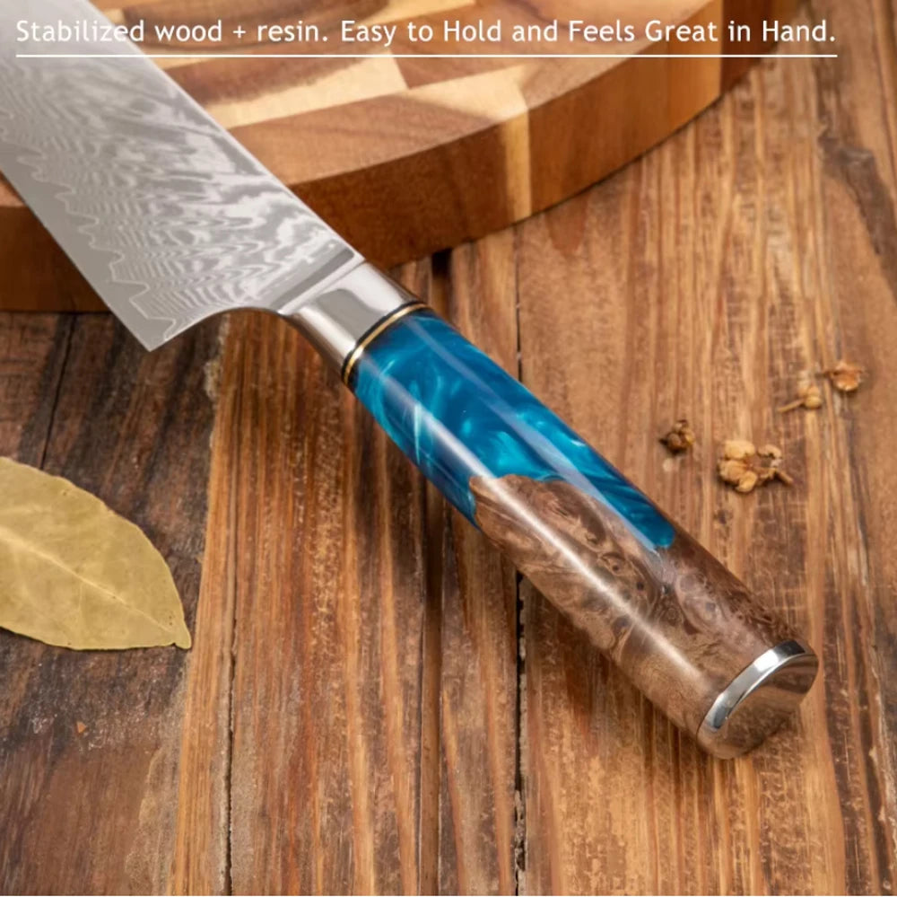 67 Layer VG10 Damascus Steel Chef Knife Set – Blue Resin & Wood Handle