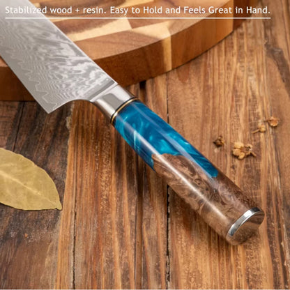 67 Layer VG10 Damascus Steel Chef Knife Set – Blue Resin & Wood Handle