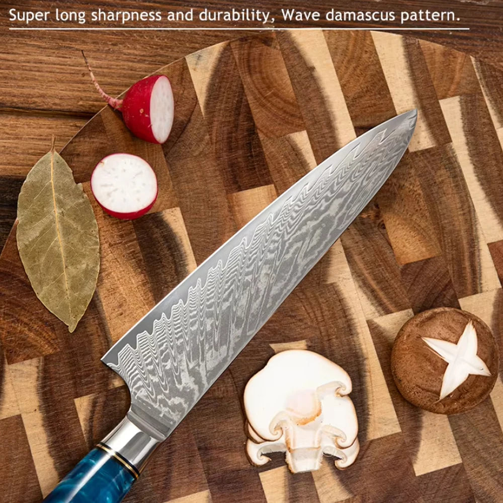 67 Layer VG10 Damascus Steel Chef Knife Set – Blue Resin & Wood Handle